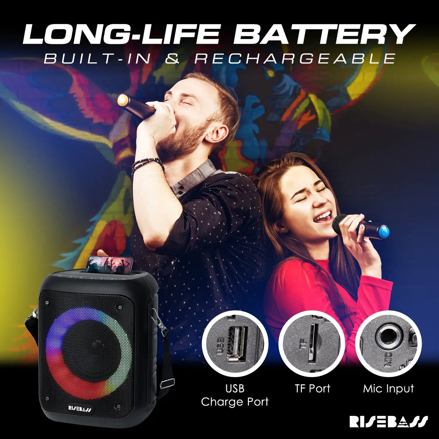 Risebass Portable Karaoke Machine with 2 Wireless Microphones