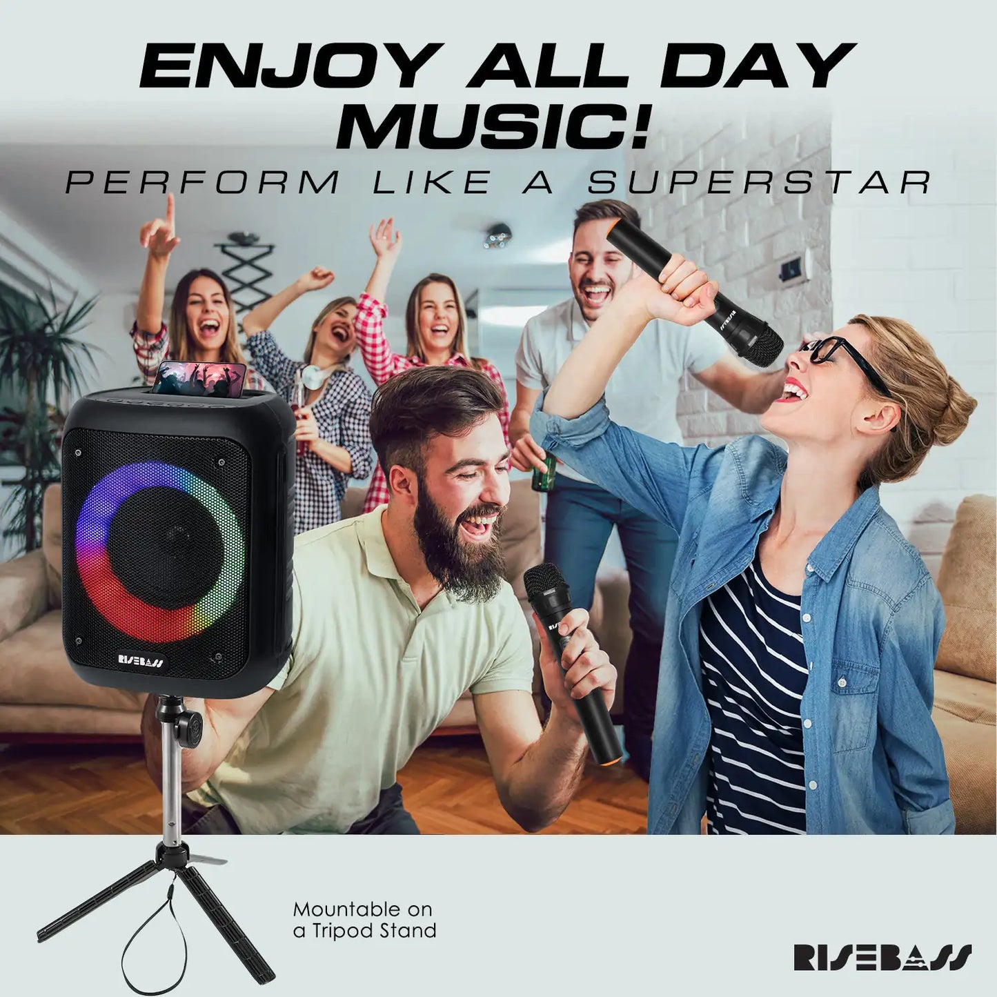 Risebass Portable Karaoke Machine with 2 Wireless Microphones
